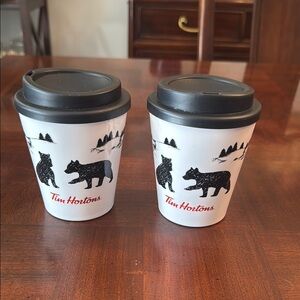 2 Tim Hortons 2018 Bears Cubs Mountains Plastic Travel Mug Cup White Black Lid